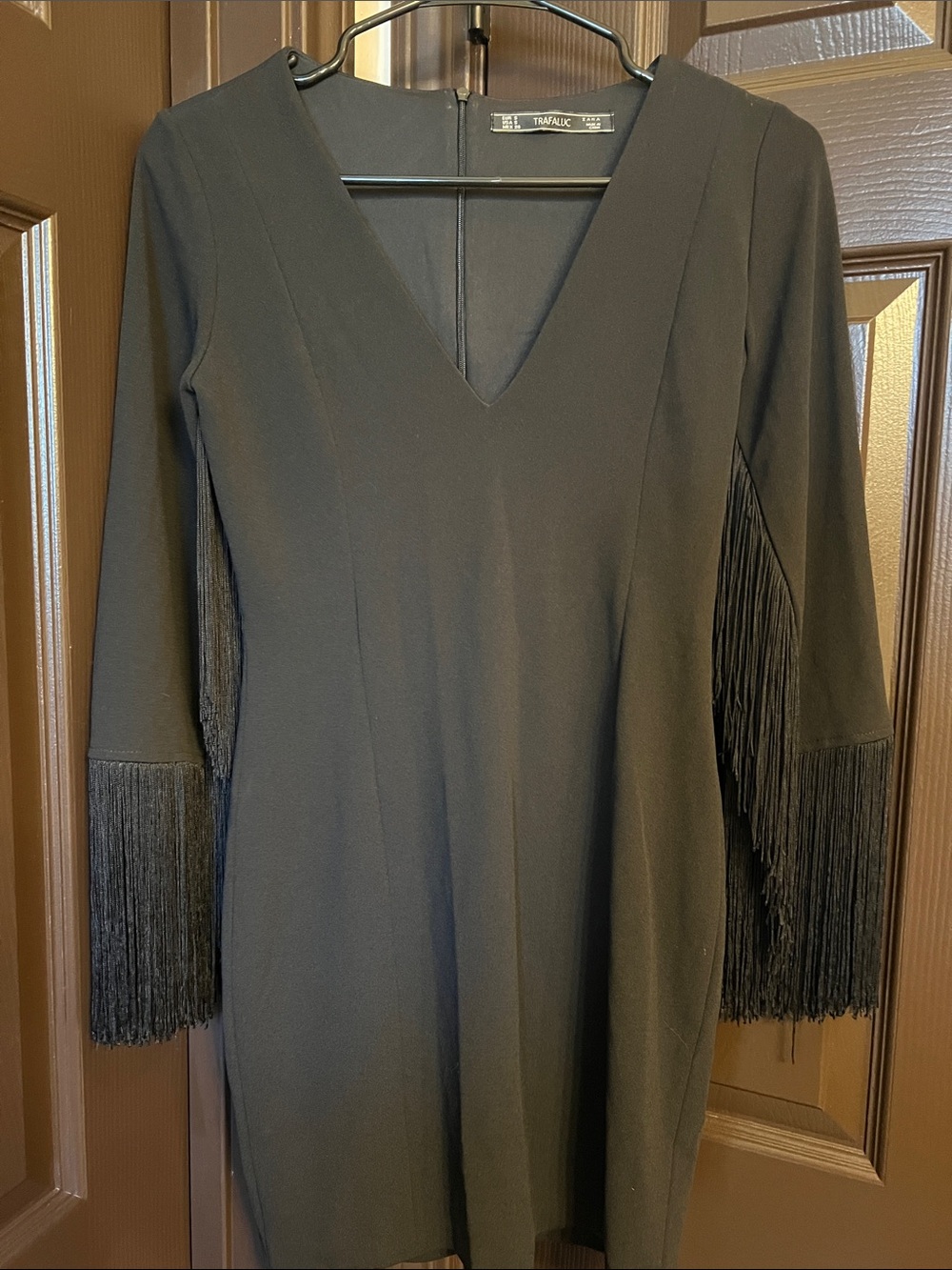 Zara Black V-Neck Long Sleeve Fringe Dress